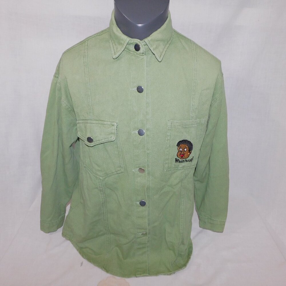 Baby Fat Albert What's Up? Green Denim Embroidered Long Sleeve Shirt Mens L